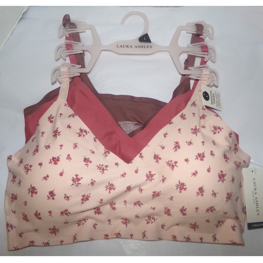 Laura Ashley Womens 3 Pack Smooth Finish Bralette Set Floral Pink Mauve Large